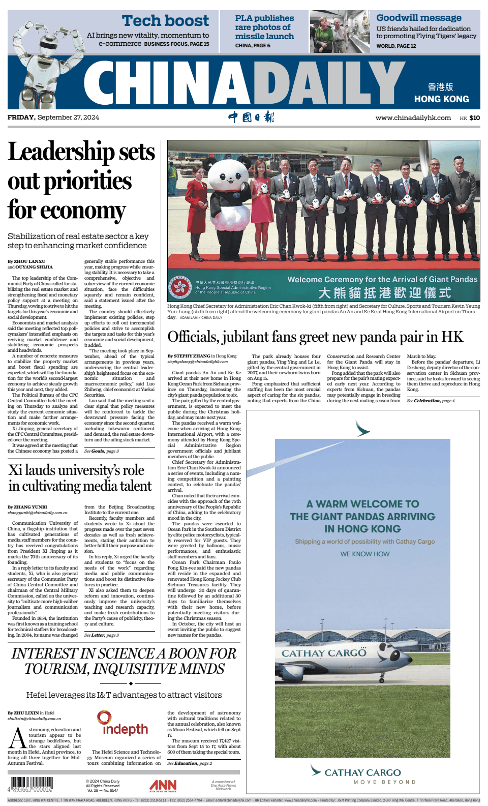 Prima-pagina-China Daily-oggi-edizione-di-oggi-20240927